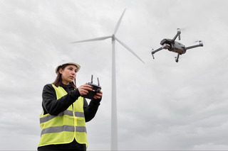 Mulher engenheira operando drone 