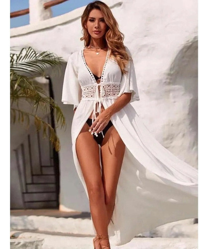 H Saída De Praia De Kimono Decote Longa Acinturada Luxo