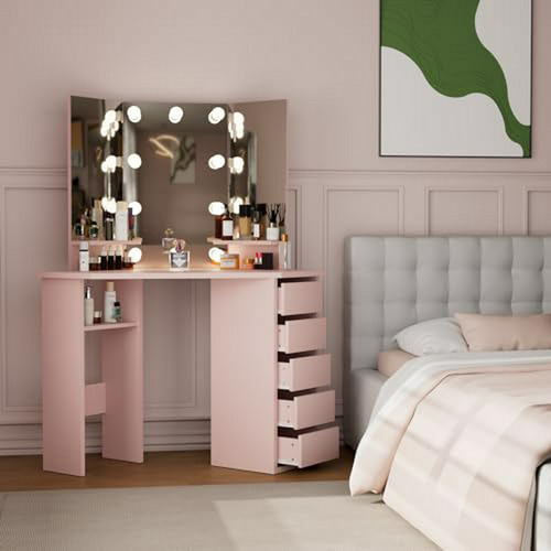 Escritorio De Maquillaje Esquinero Con Espejo Y Luces, Rosa