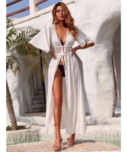 H Saída De Praia De Kimono Decote Longa Acinturada Luxo