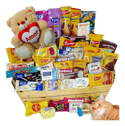 Presente Cesta Café Da Manhã Chocolate 52 Itens Urso Pelucia