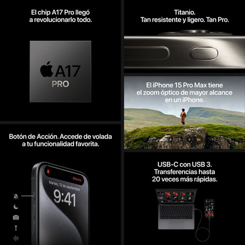 Apple iPhone 15 Pro Max (256 GB) - Titanio Negro - Excelente (Reacondicionado)