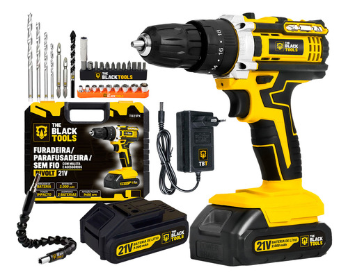 Parafusadeira Furadeira De Impacto Profissional 21v Modelo TB-21PX 2 Baterias Com Maleta The Black Tools 127/220V 60Hz Amarelo