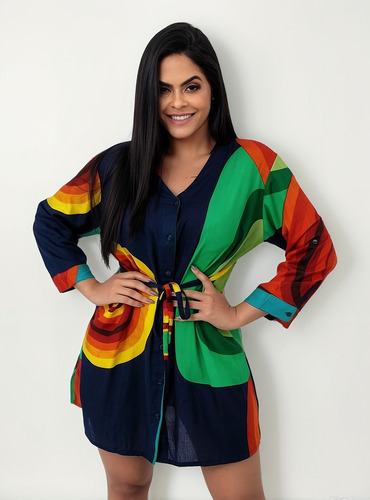 Saída Praia De Banho Camisão Kimono Bata Estampada Plus Size