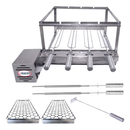 Kit Combo Churrasqueira Elétrica Gira 4 Espetos Brasa Grill