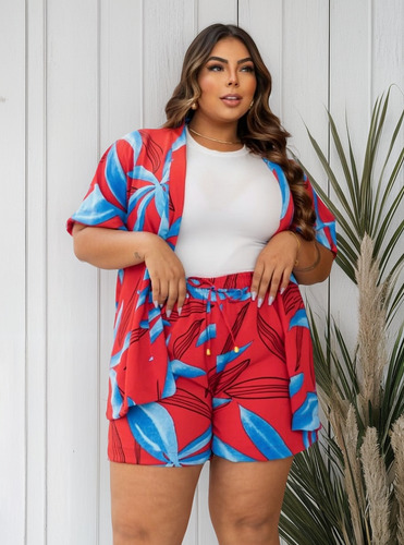 Conjunto Plus Size Kimono E Short Forrado Feminino Elegante