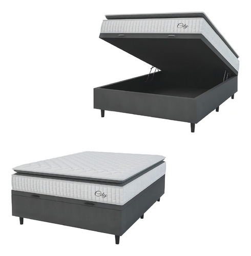 Cama Box Baú Colchão Casal Molas Ensacadas City Pillow Top 138x188x64cm Branco e Cinza Hellen Suporta até 110kg por Pessoa