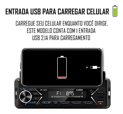 Rádio 1 Din Bluetooth H-tech Usb Aux C/ Suporte Para Celular