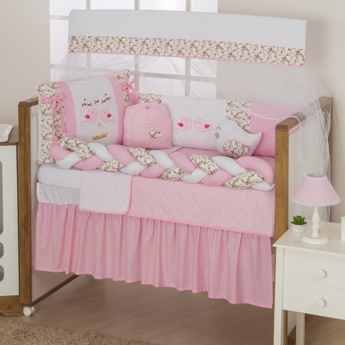 Kit De Berço Rosa Menina Jardim Encantado Trança Com Saia