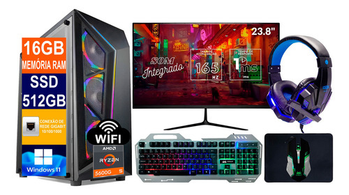 PC Gamer Ryzen 5 5600 g SSD 512 GB, 16 GB + Monitor 23,8 p 165 Hz