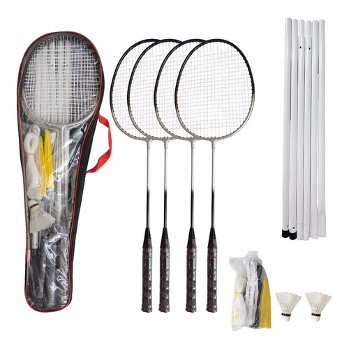 Kit Badminton Pro 4 Raquetes E 2 Petecas Com Rede E Suporte