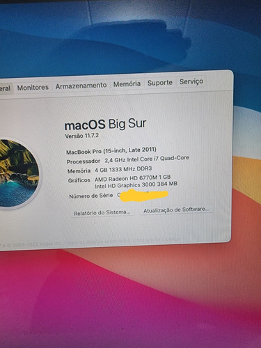 Apple Macbook Pro 15 Ano 2011 A1286 I7/4gb/128 Ssd Top (Usado)