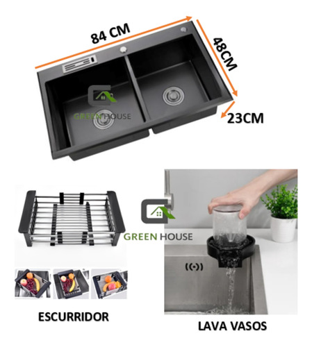 Combo Lavadero De Cocina 2 Pozas Negro + Mezcladora Extraibl