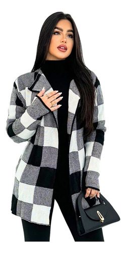 Kimono Xadrez Tricot Feminino Sobretudo Grosso Inverno