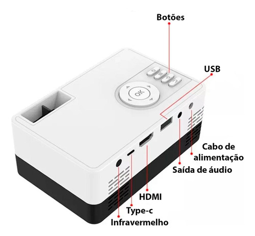 Projetor Miracast Portatil Tv Datashow Led Projector Branco