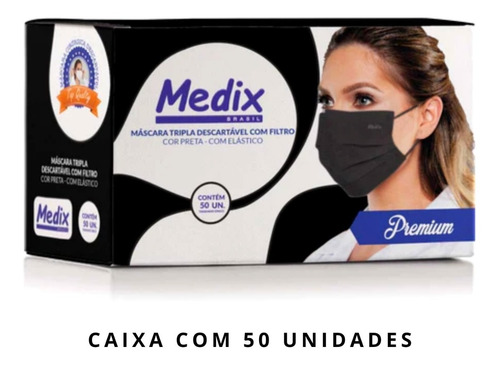 Mascara Descartavel Medix Tripla Preta Com 50 Hospitalar