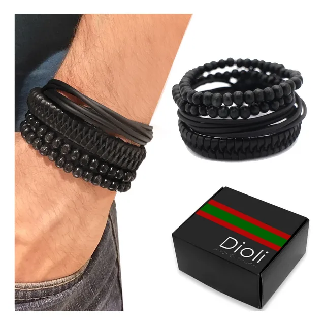 Kit Pulseiras Masculinas Couro Bolinhas Preta Ajustável C/4