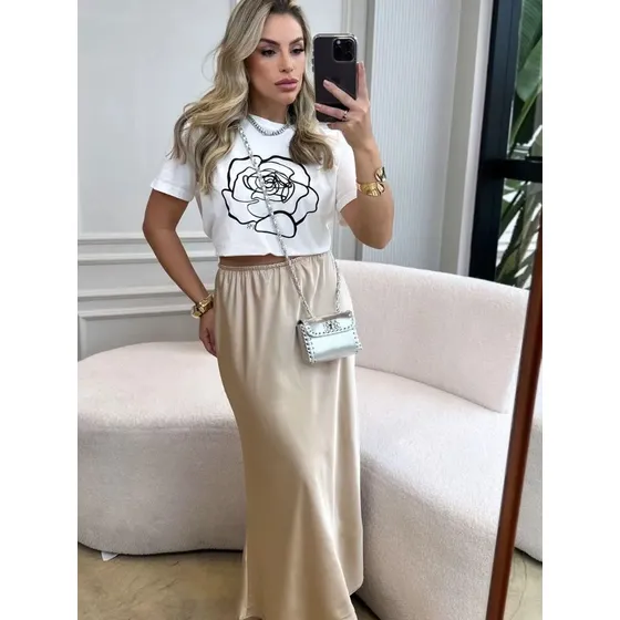 Saia De Cetim Longuete Saia De Brilho Seda Cos Alto Elegante