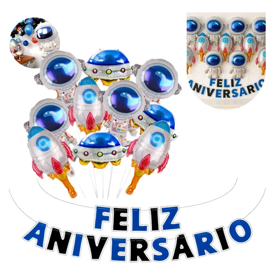 Kit 20 Balões Astronauta Metalizados Nave Foguete Sortidos + Faixa Feliz Aniversário - Centro De Mesa Decoração Festa Espaço