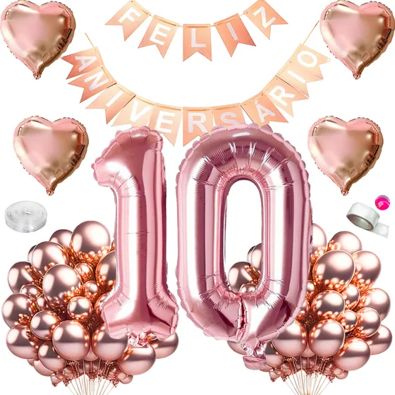 Kit Aniversario Decoração Metalizada Rose 10 A 90 Anos 59 Pç