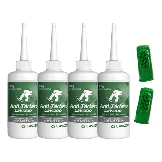 Kit 04 Anti Tártaro Lavizoo E 02 Dedeiras Gel Dental Pet