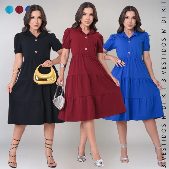 Kit 3 Vestidos Midi Igreja Moda Evangélica Casual Ccb