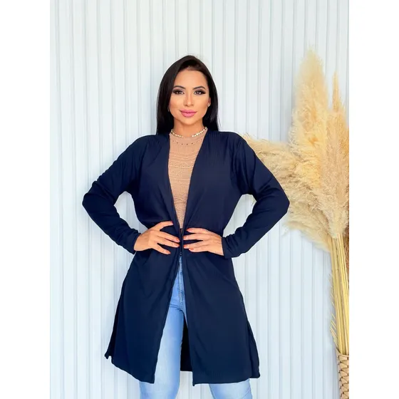 Cardigã Kimono Fenda Manga Longa Tecido Canelado Fashion
