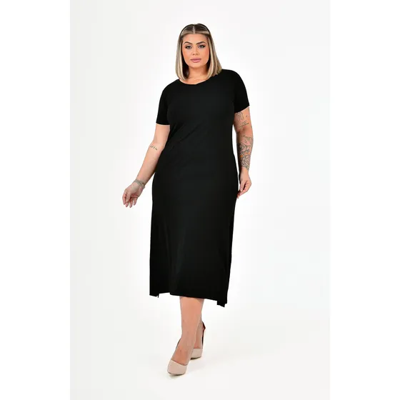 Vestido Plus Size Moderno Bolso Mídi Moletinho Fenda Básico