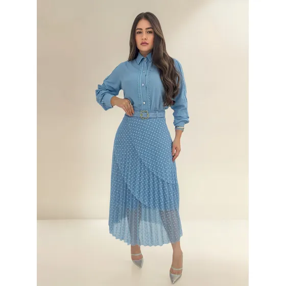 Saia Midi Moda Fashion Poá 2 Babados Plissas Moderna Casual