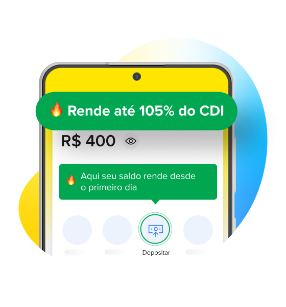 Celular mostra a página inicial do Mercado Pago, com destaque para o texto ”Rende até 105% do CDI”